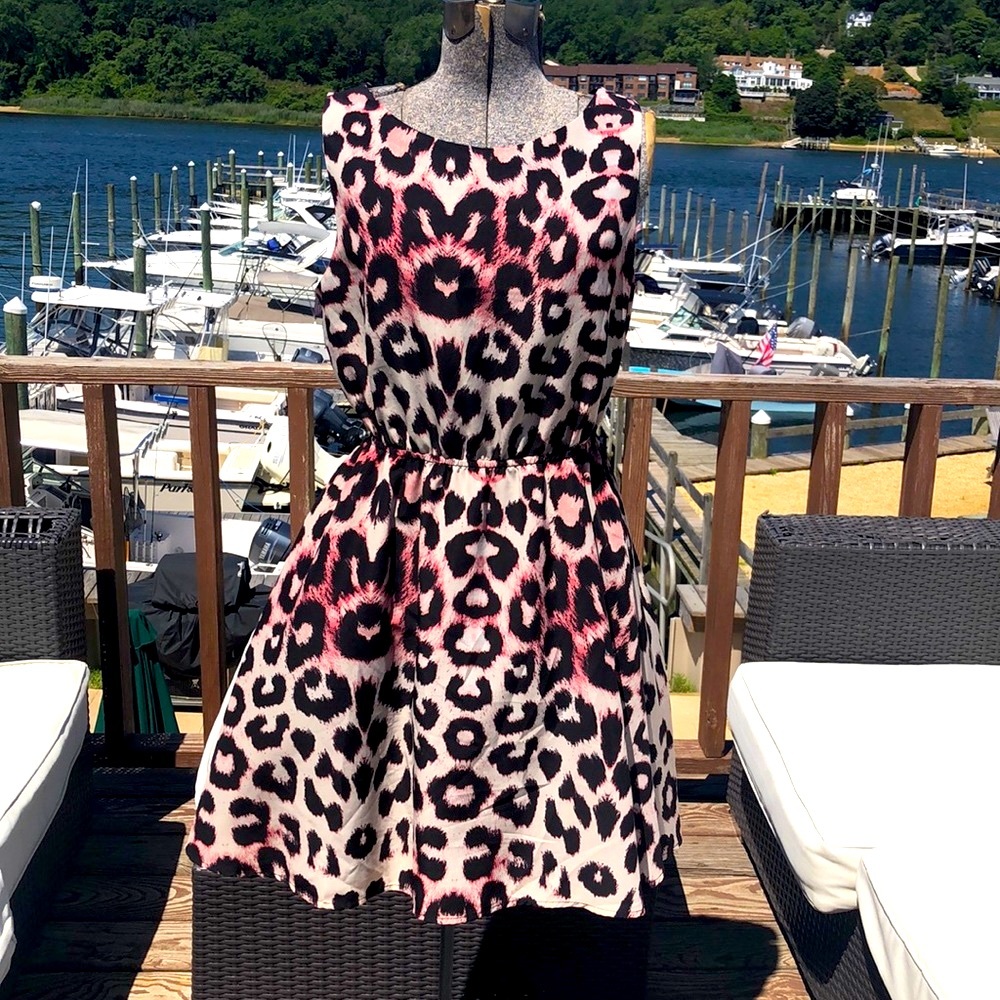 Aqua Pink and black dress Cinched waist + keyhole leopard print